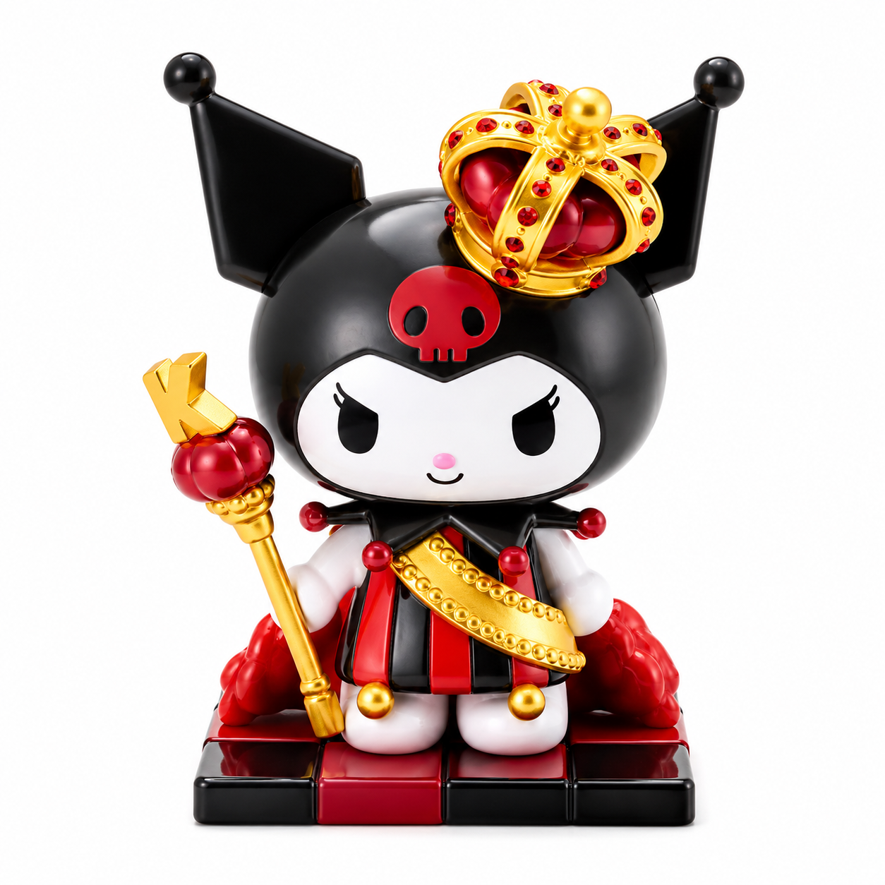 Toy figure with black headgear, red accents, and a gold crown on a white background